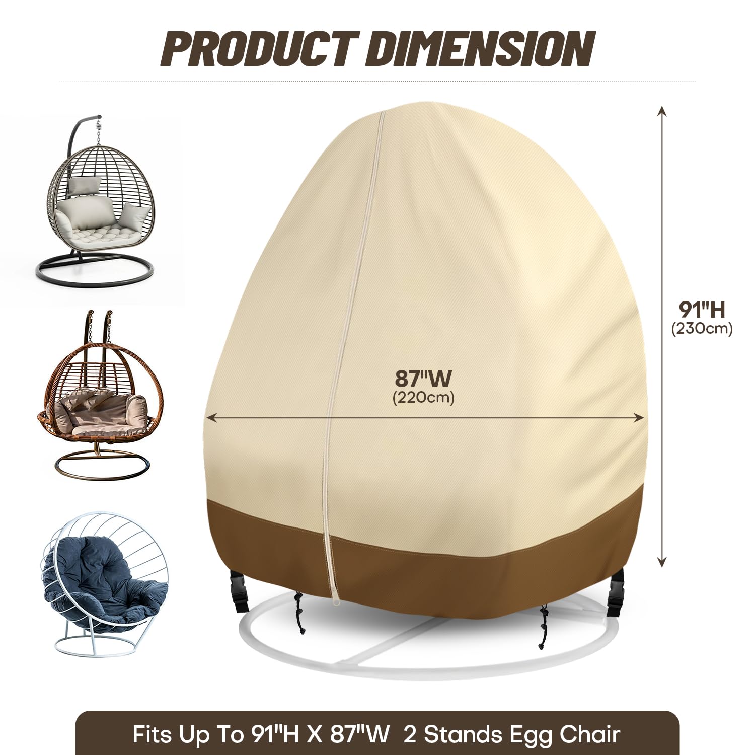 Egg Chair Cover Double - 91x87 Inch Large Patio Hanging Egg Chair Cover 420D Oxford Durable Waterproof Outdoor Chair Cover for Porch Wicker Egg Swing with Zipper Windproof Hanging Chair Cover