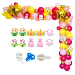 princess peach balloons garland arch kit, pink yellow princess peach birthday party balloons with star foil balloons for girl mario princess peach party, princess themed birthday, princess baby shower