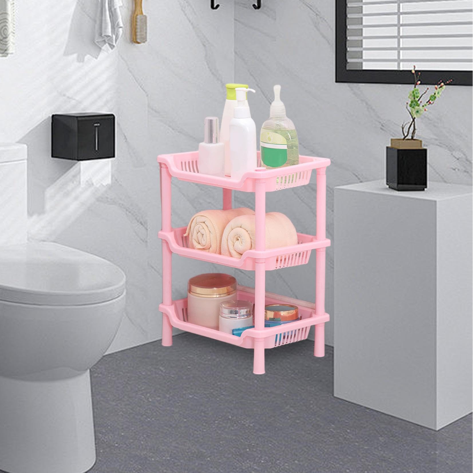 3-Layer Storage Rack, Bathroom Plastic Storage Rack, Multipurpose 3-Shelf Tier Standing Rack Organizer for Bathroom Bedroom Laundry Kitchen Office (Pink)