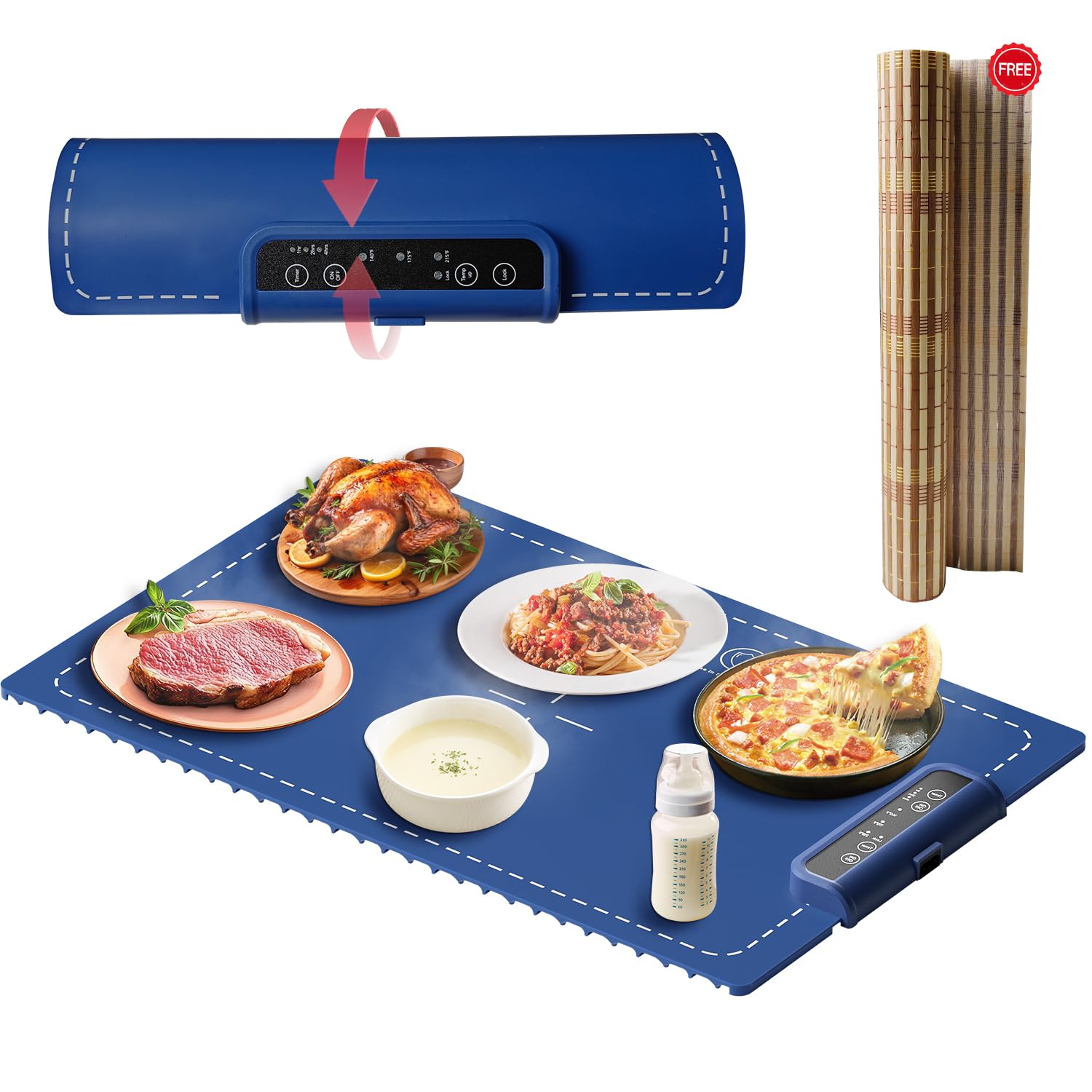 Warming Mat for Food, Warming Trays for Buffets Party - Full Surface Heating, Rollable, Premium Nano Silicone Food Warmer Mat with 3 Temperature Settings, Auto Shut-Off