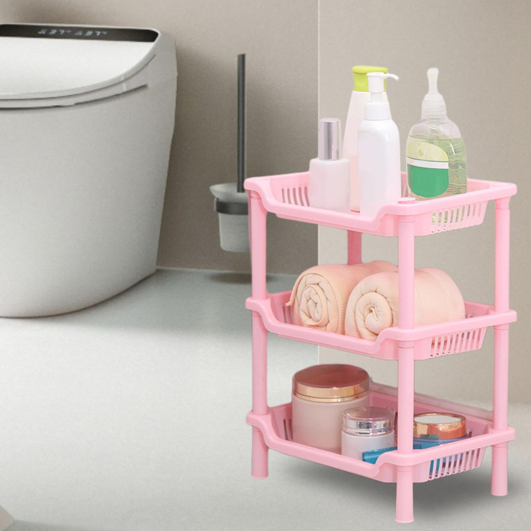 3-Layer Storage Rack, Bathroom Plastic Storage Rack, Multipurpose 3-Shelf Tier Standing Rack Organizer for Bathroom Bedroom Laundry Kitchen Office (Pink)