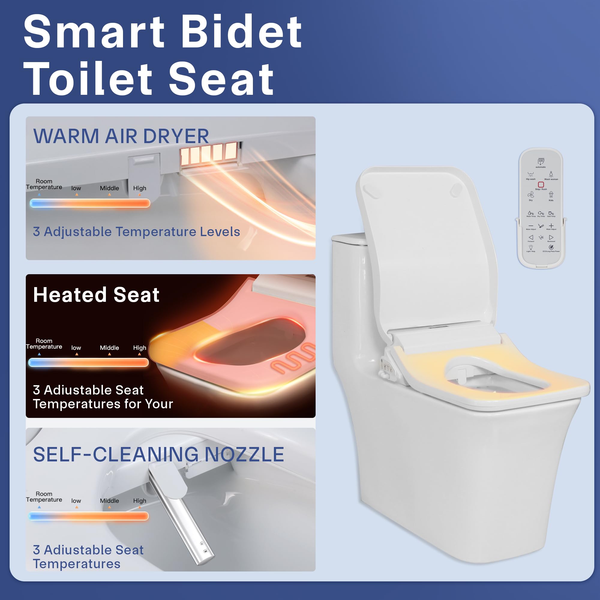 KERDE 08A Electric Bidet Toilet Seat,Remote Control,Warm Water Cleansing, Heated Seat,Adjustable Temperature Settings, Moving Nozzle Massage,White,Night Light,Bidets for Existing Toilets.Square