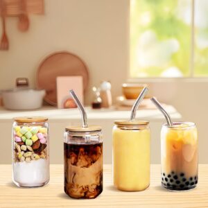 Drinking Glasses with Bamboo Lids and Glass Straw-16oz Can Shaped Glass Cups,Beer Glasses,Iced Coffee Glasses,Ideal for Cocktail,Whiske,Soda,Bubble Tea,Juicing,Smoothies(12pcs Set+2 Cleaning Brushes）