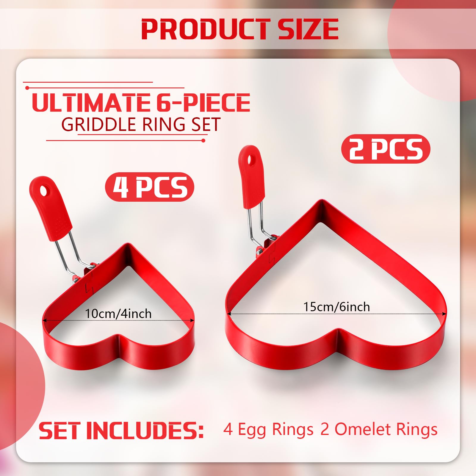 Patelai 6 Pcs Nonstick Pancake Ring 6'' and 4'' Stainless Red Heart Egg Rings Set Heart Shaped Pancake Mold Egg Rings with Red Silicone Handle for Breakfast Love Omelette Sandwich