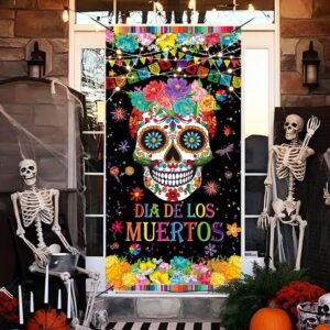 BAIFNEZ 3x6FT Day of the Dead Door Banner Dia De Los Muertos Party Door Cover Decoration Supplies Mexican Fiesta Sugar Skull Theme Halloween Door Decorations