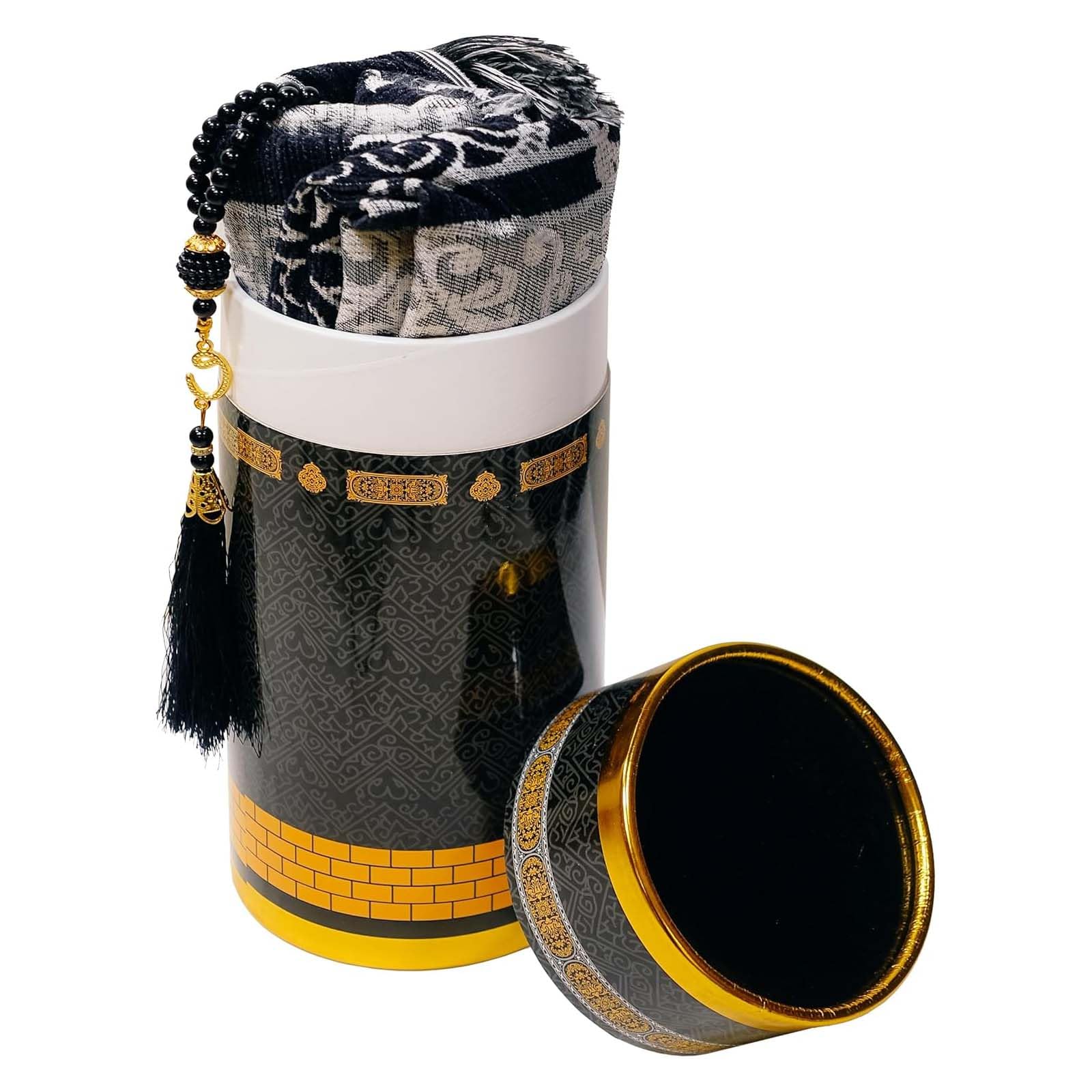 Muslim Prayer Rug and Prayer Beads with Gift Box, Soft Islamic Prayer Mat, Islamic Gifts Set, Prayer Carpet Mat, Sajadah/Janamaz/Seccade (Black-Gray)