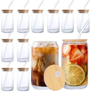 drinking glasses with bamboo lids and glass straw-16oz can shaped glass cups,beer glasses,iced coffee glasses,ideal for cocktail,whiske,soda,bubble tea,juicing,smoothies(12pcs set+2 cleaning brushes）