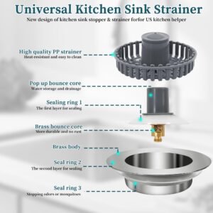 New Upgraded 3 in 1 Kitchen Sink Bounce Core Drain Strainer and Stopper, Sink Stopper with an Extra Sink Strainer Basket for US Standard 3-1/2 Inch Brass Electroplate Silver