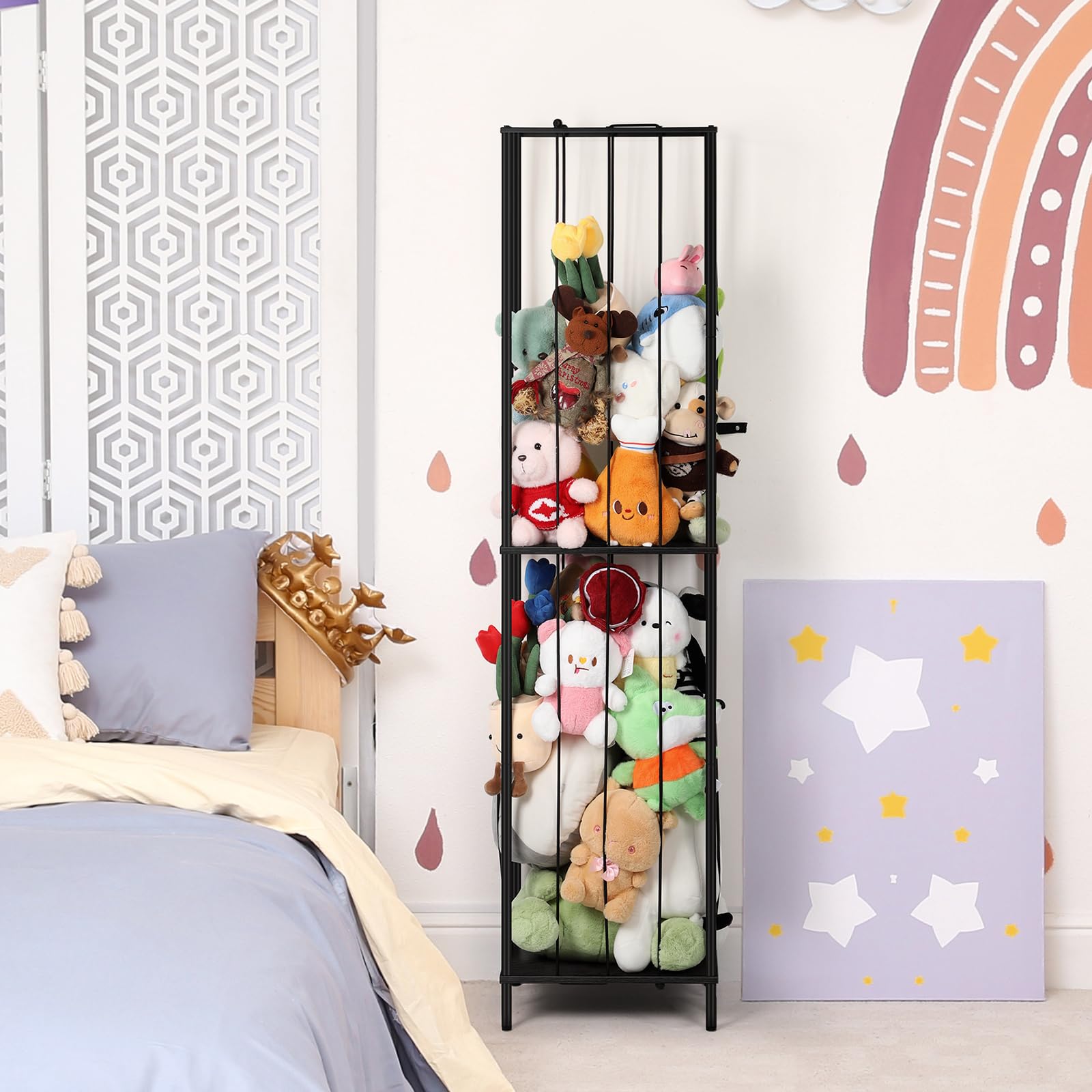 OYEAL Stuffed Animal Storage Zoo 64'' Kids Toy Ball Storage Organizer Metal Plushies Toy Storage Holder with Elastic Rope and Shelf for Playroom Birthday Gift for Bedroom Nursery, Black