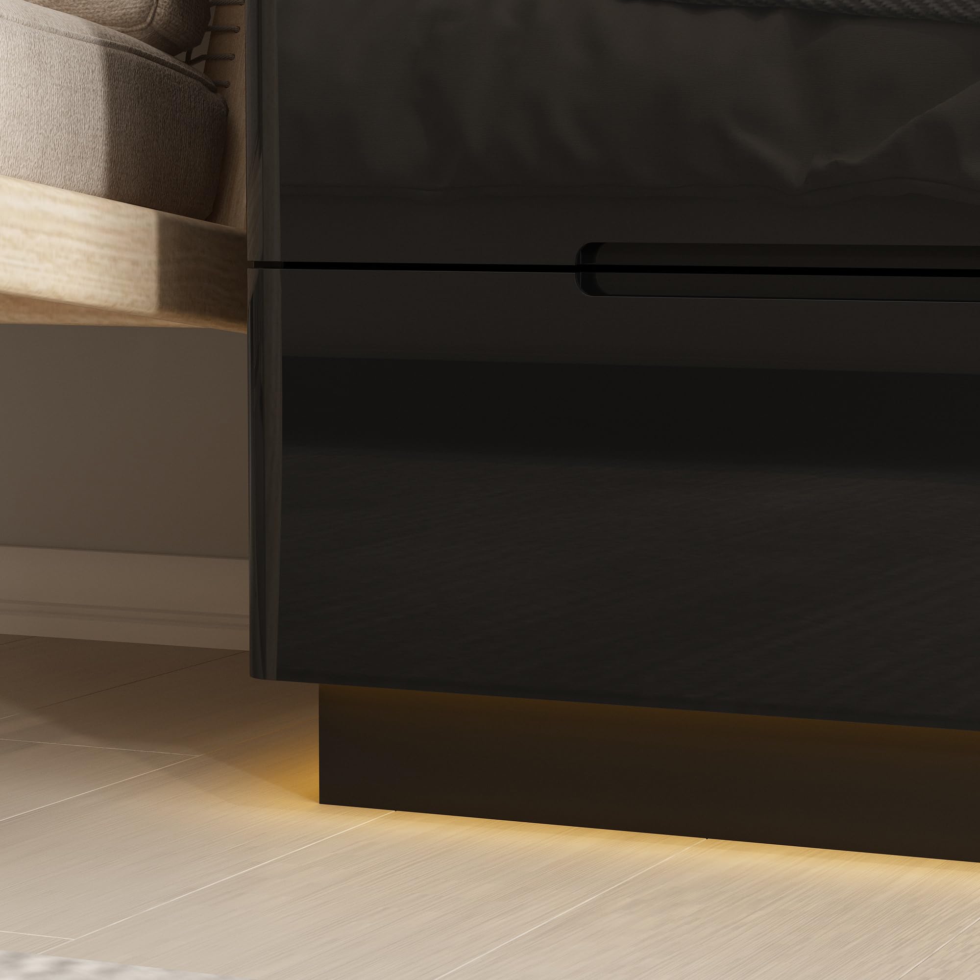 Hitow Bedroom Dressers with 8 Drawers, Wooden Wide Dresser with Light, Modern Black Dresser for Bedroom, Double Dresser Chest of Drawers, High Gloss, LED Light, Black, 63”W x 15.7”D x 30.9”H