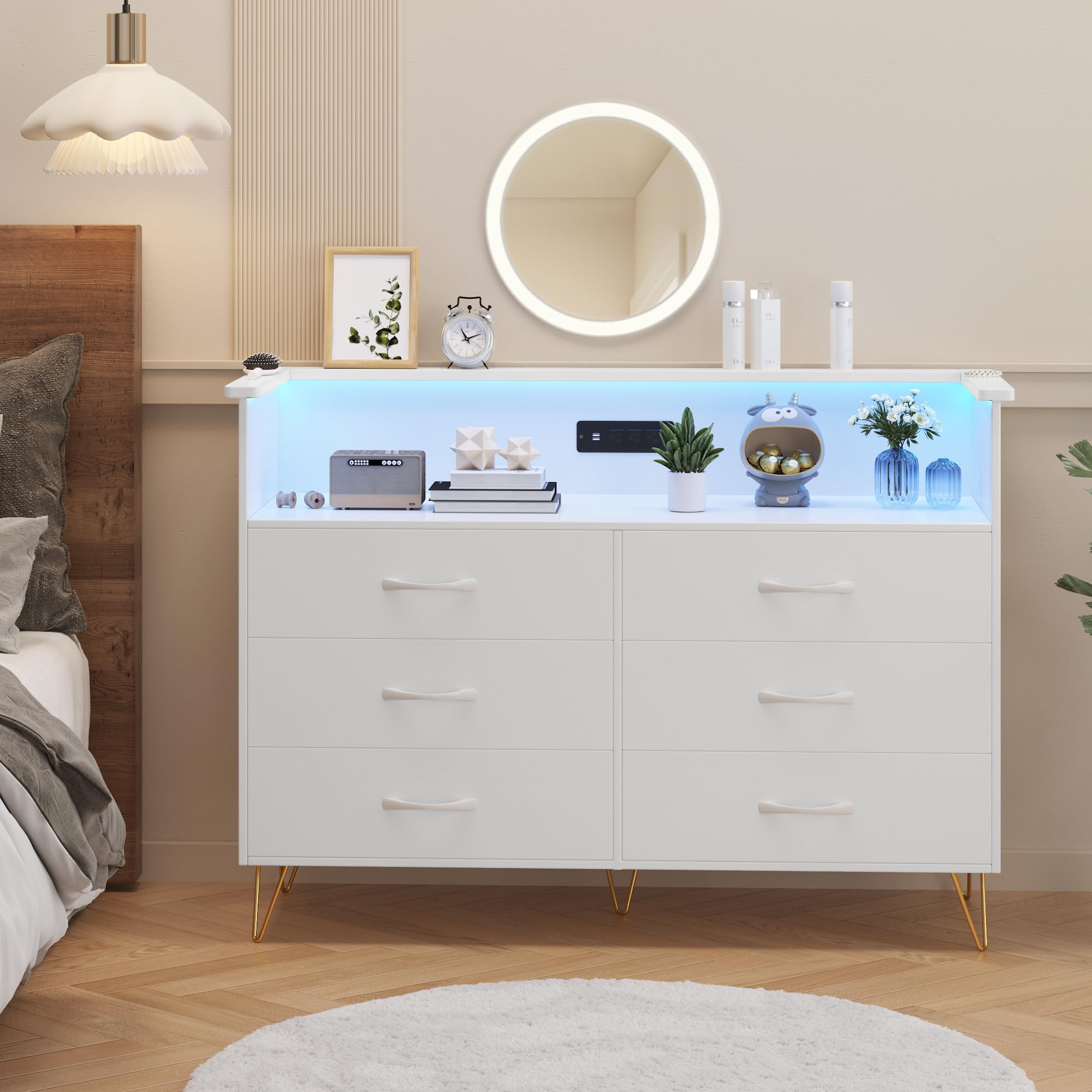 Patikuin White Dresser for Bedroom with LED Light & Charging Station, 6 Drawers Wooden Dressers with Open Space, Modern Chest of Double Wide Drawers for Living Room, Entryway, Hallway TV Stand