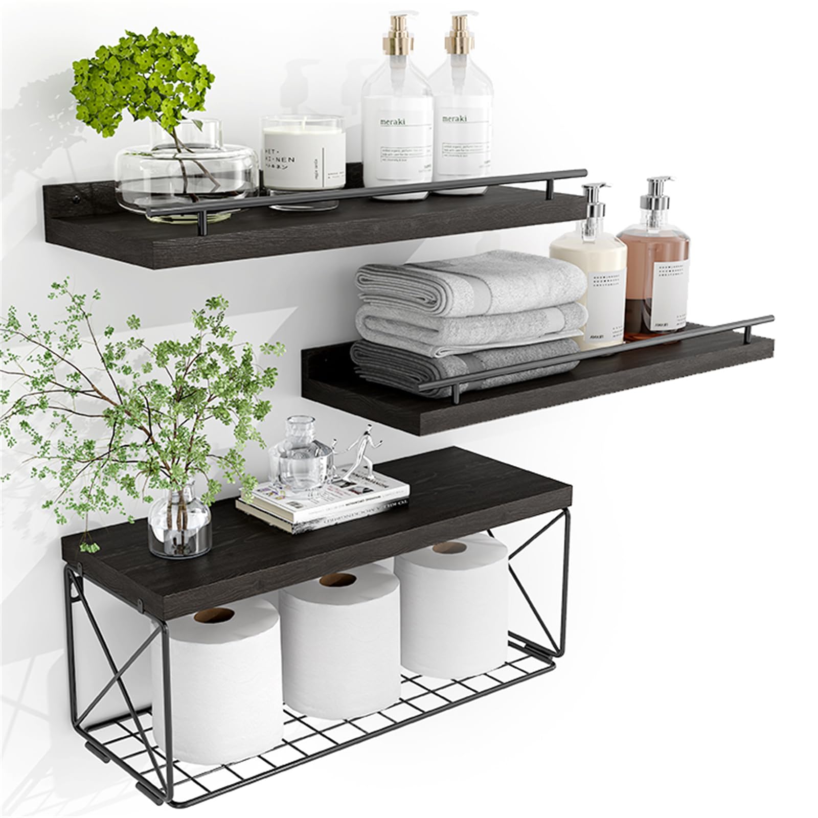 Hoiicco Bathroom Shelves with Metal Guardrail, Wood Floating Shelves Over Toilet with Wire Storage Basket, Floating Wall Shelves for Bedroom, Living Room, Kitchen and Bathroom-Black