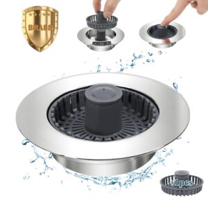 new upgraded 3 in 1 kitchen sink bounce core drain strainer and stopper, sink stopper with an extra sink strainer basket for us standard 3-1/2 inch brass electroplate silver