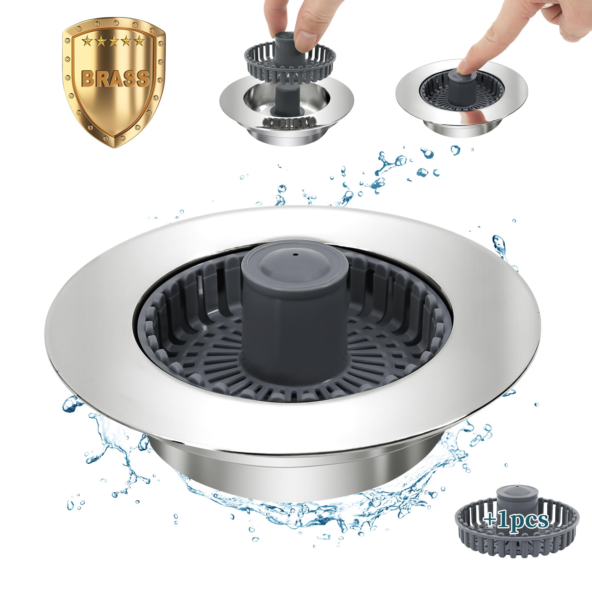 New Upgraded 3 in 1 Kitchen Sink Bounce Core Drain Strainer and Stopper, Sink Stopper with an Extra Sink Strainer Basket for US Standard 3-1/2 Inch Brass Electroplate Silver