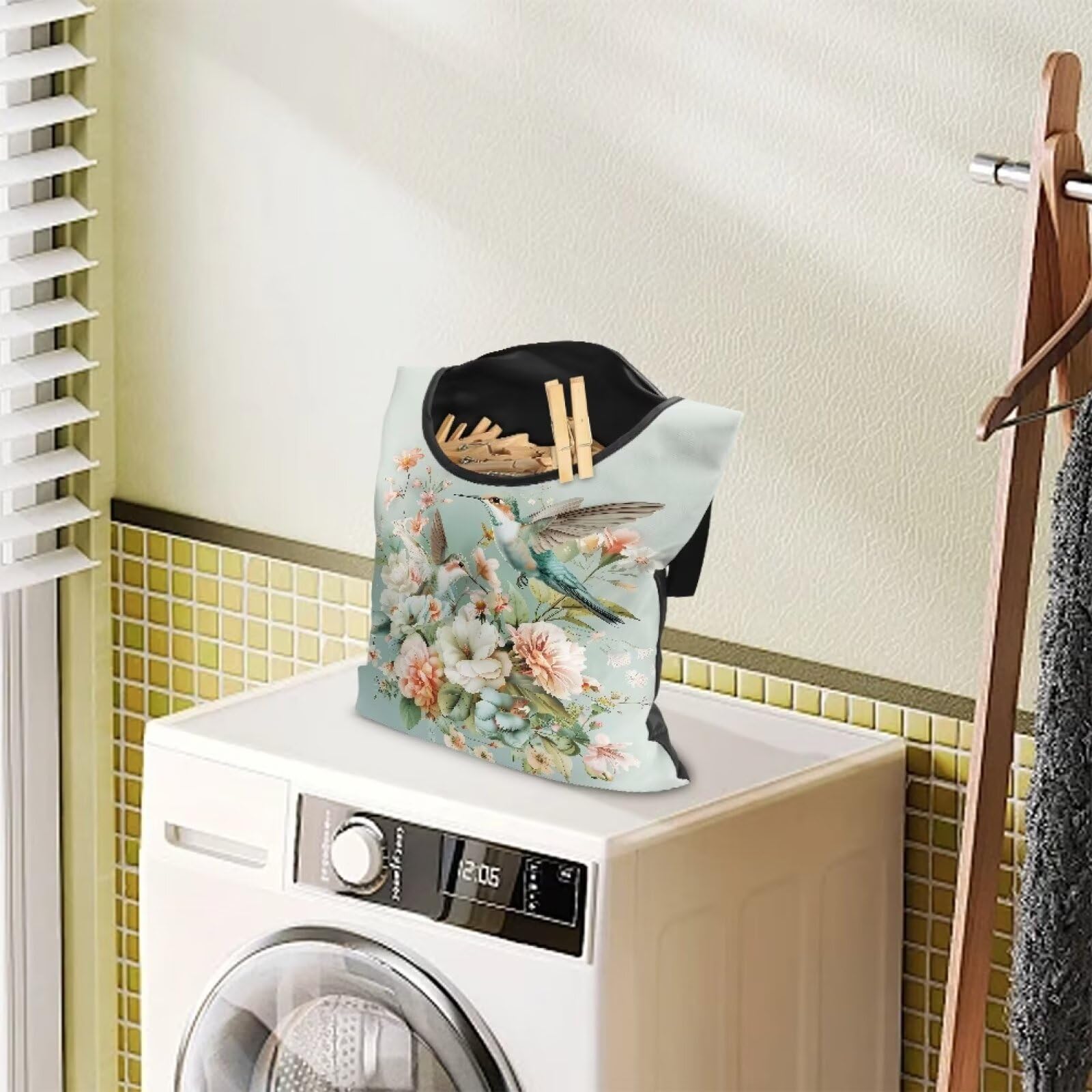 CREAMIC Hummingbird Floral Clothes Pin Bag To Hang On Line Reusable Clothespin Holder Laundry Room Clothespin Holder with Large Opening Space-Saving Clothespin Storage Solution