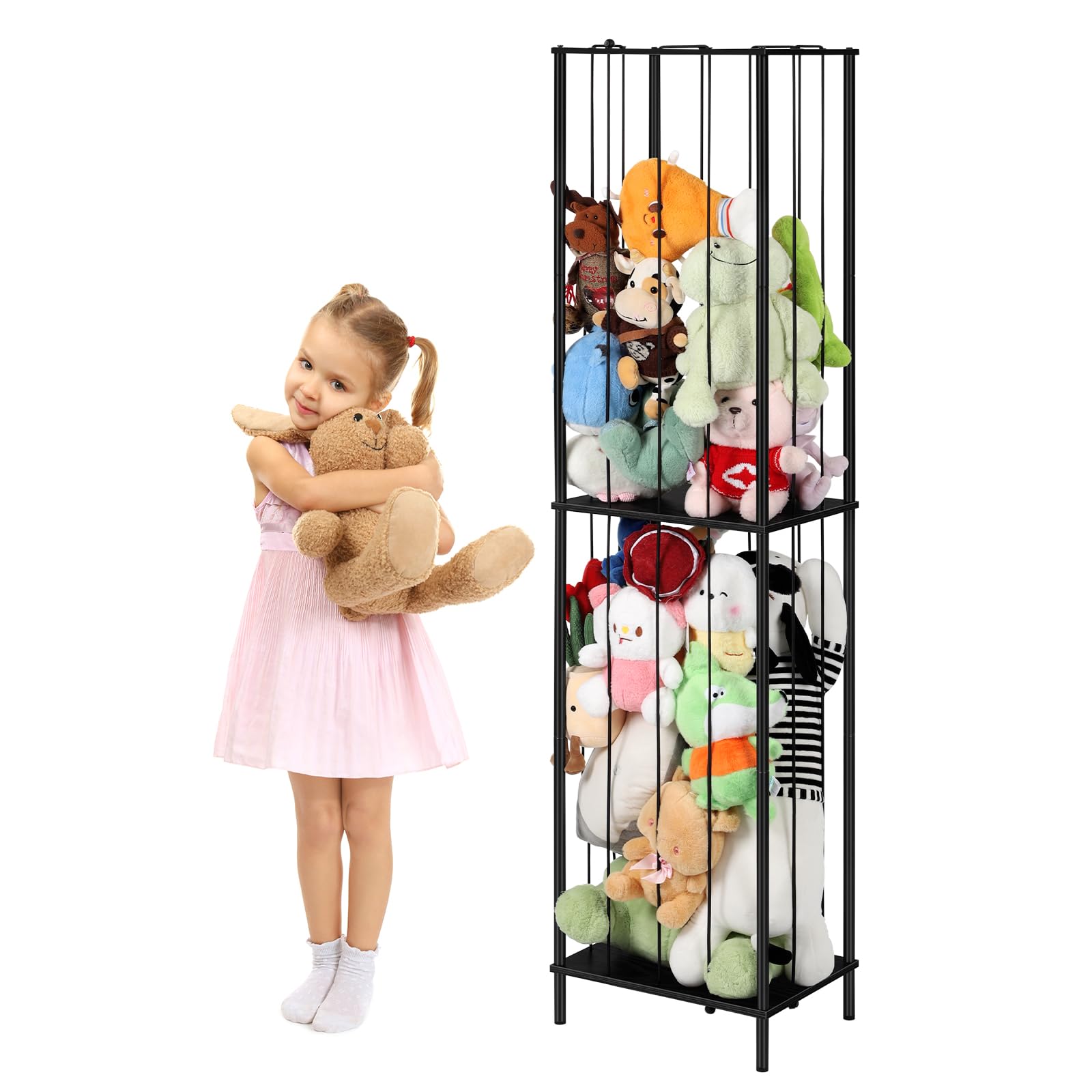 OYEAL Stuffed Animal Storage Zoo 64'' Kids Toy Ball Storage Organizer Metal Plushies Toy Storage Holder with Elastic Rope and Shelf for Playroom Birthday Gift for Bedroom Nursery, Black