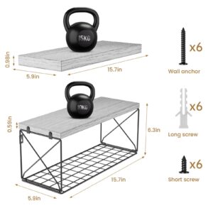 Gigecor Bathroom Shelves with Wire Storage Basket, Floating Shelves for Wall Decor Storage, Wood Wall Shelves for Bathroom, Living Room, Kitchen and Bedroom (White)
