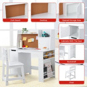 Kids Study Desk and Chair Set with Storage - White Learning Table with Bookshelf and Cabinets for Boys and Girls Ages 3-8