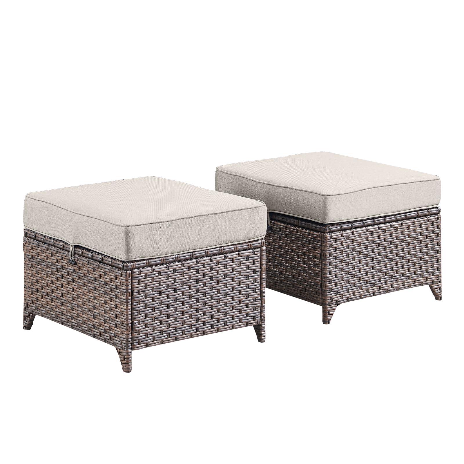 Outdoor Patio Ottoman Set of 2-Rattan Wicker Ottoman Foot Rest with Removable Cushions Cover Outdoor Footstool for Deck Balcony Poolside Backyard-Brown/Beige