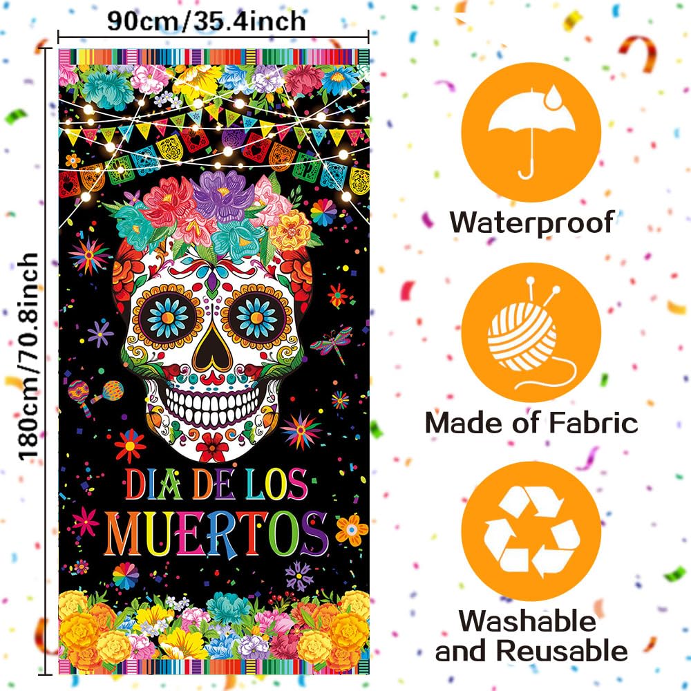 BAIFNEZ 3x6FT Day of the Dead Door Banner Dia De Los Muertos Party Door Cover Decoration Supplies Mexican Fiesta Sugar Skull Theme Halloween Door Decorations