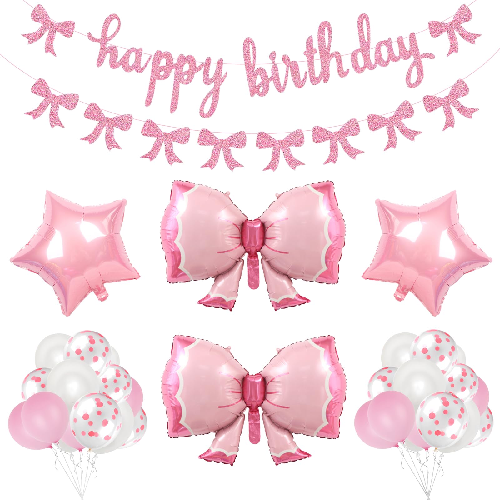 Pink Bow Birthday Party Decorations,Coquette Birthday Decorations Girl Bow Theme Birthday Party Decor Pink Bow Balloon Bow Happy Birthday Banner for Girl 1st 2nd Birthday