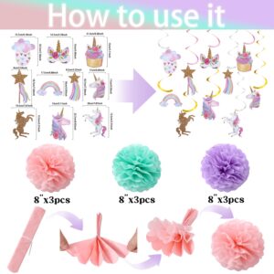 Unicorn Birthday Decorations, Happy Birthday Banner,9pcs Tissue Paper Pom Poms,10pcs Hanging Swirls,Macaron Circle Dots Garland for Unicorn Party Decorations, Girls Birthday Party Decorations