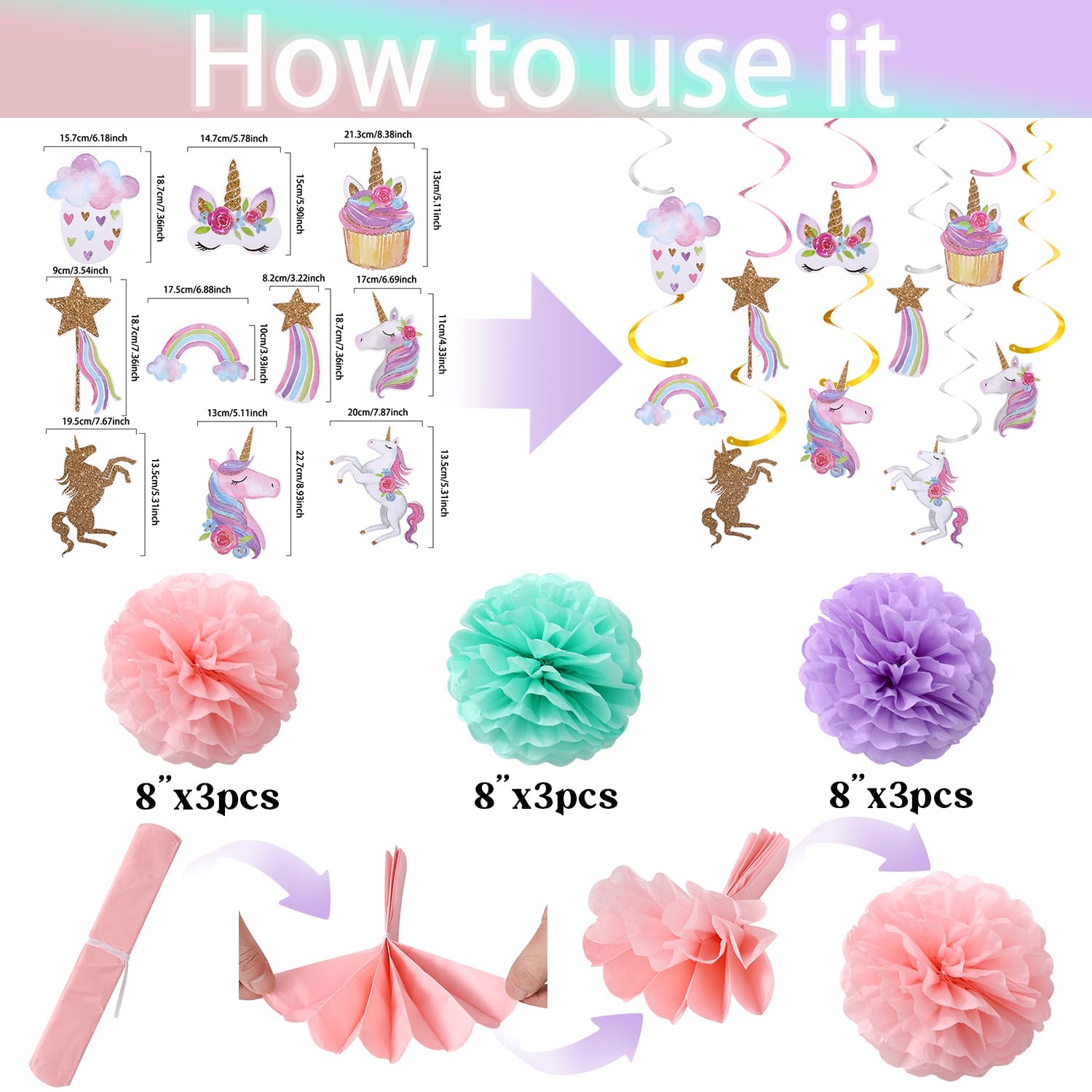 Unicorn Birthday Decorations, Happy Birthday Banner,9pcs Tissue Paper Pom Poms,10pcs Hanging Swirls,Macaron Circle Dots Garland for Unicorn Party Decorations, Girls Birthday Party Decorations