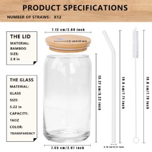 Drinking Glasses with Bamboo Lids and Glass Straw-16oz Can Shaped Glass Cups,Beer Glasses,Iced Coffee Glasses,Ideal for Cocktail,Whiske,Soda,Bubble Tea,Juicing,Smoothies(12pcs Set+2 Cleaning Brushes）