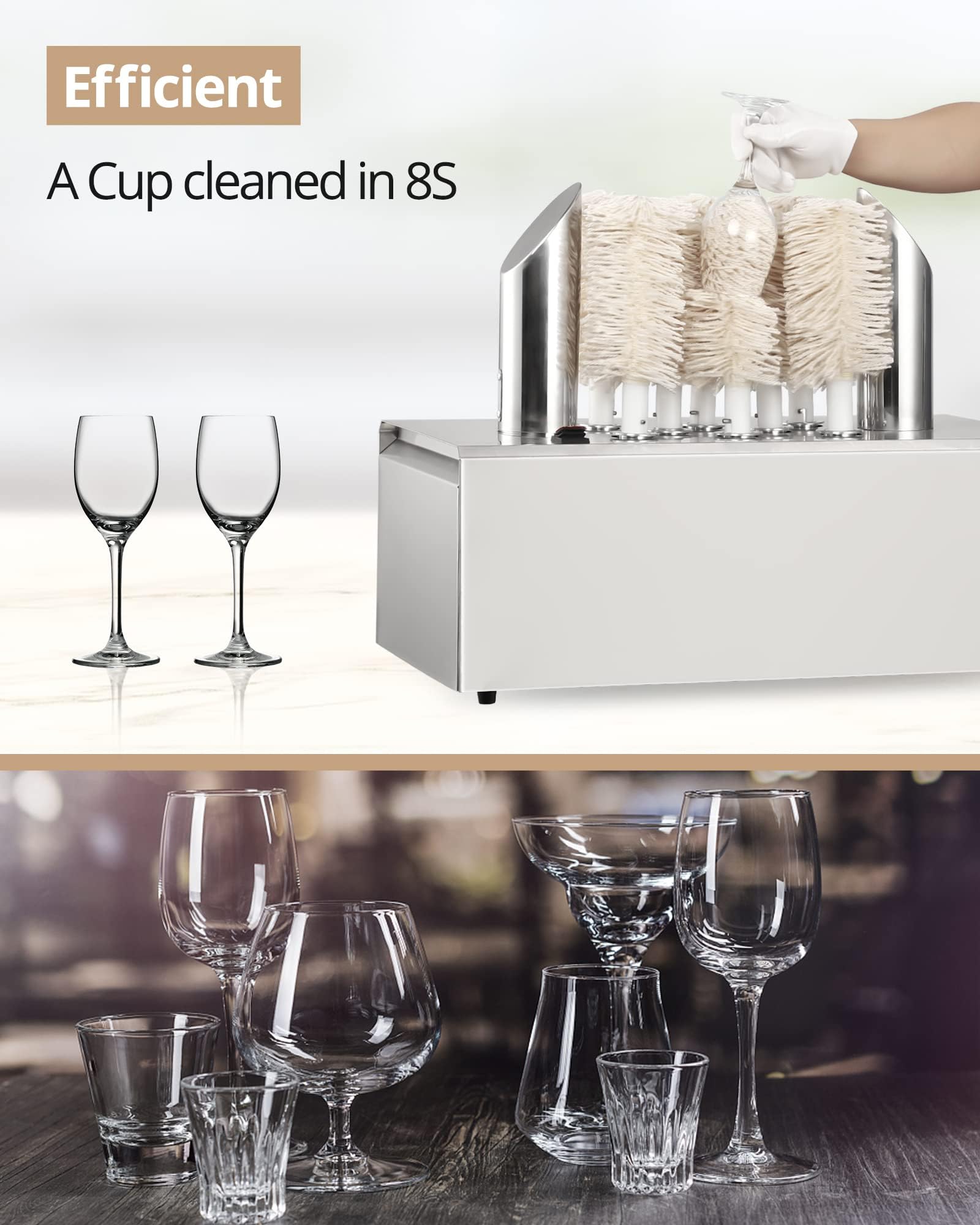 GAOMON Electric Wine Glass Polisher with 5 Pure Cotton Brushes and A High-power Heater, Stainless Steel Commercial Glass Polisher, Suitable for Bars, Kitchens and Restaurants