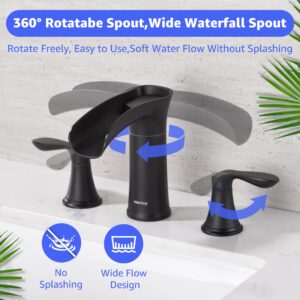 Watersong Waterfall Bathroom Faucet, 2-Handle 2 or 3 Holes Vanity Farmhouse RV Lavatory Vessel Faucet 4 Inch Centerset, Bathroom Sink Faucet Mixer Tap Washbasin Faucet, Pop Up Drain, Matte Black