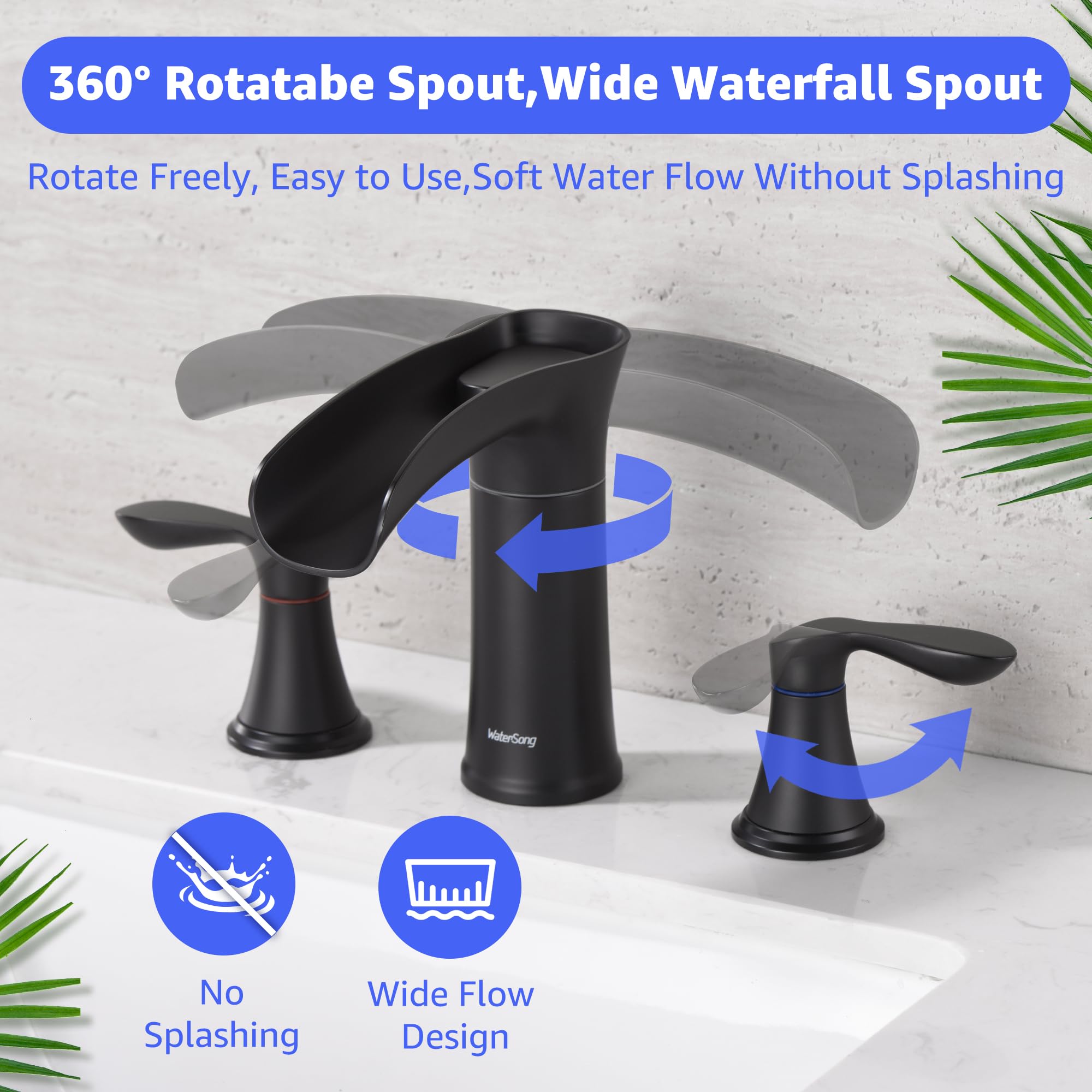 Watersong Waterfall Bathroom Faucet, 2-Handle 2 or 3 Holes Vanity Farmhouse RV Lavatory Vessel Faucet 4 Inch Centerset, Bathroom Sink Faucet Mixer Tap Washbasin Faucet, Pop Up Drain, Matte Black