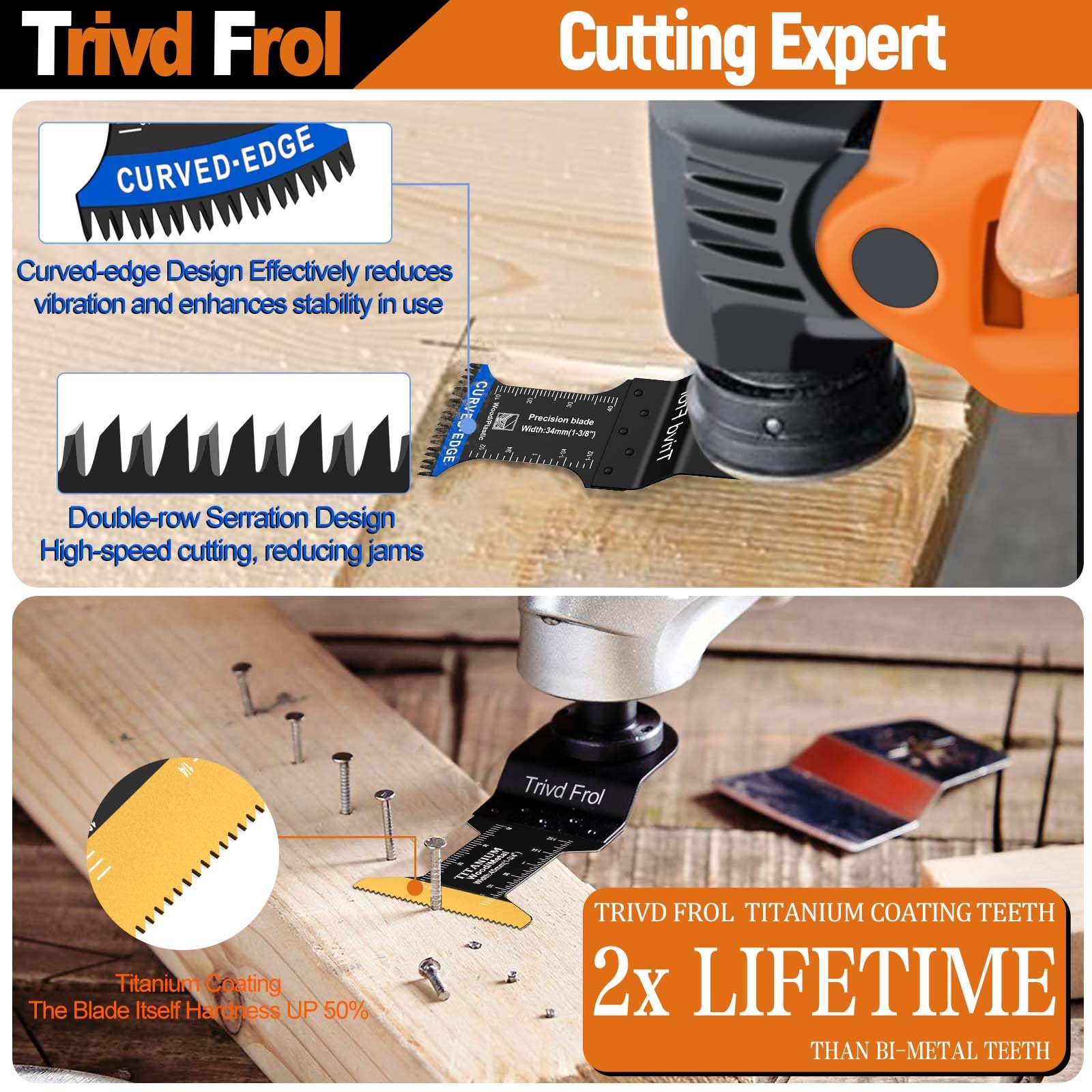 Trivd Frol 121 Pack Oscillating Saw Blades, Titanium Oscillating Tool Blades with Sandpaper, Multitool Blades for Wood Metal Plastics Cutting, Multi Tool Blades Kits Fit Bosch Dewalt Ryobi Milwaukee