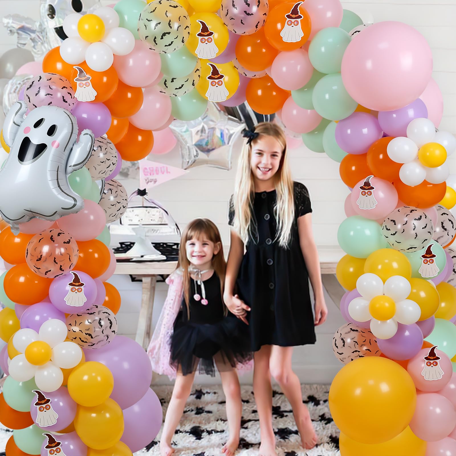 Groovy Halloween Decorations, Groovy Halloween Balloon Arch with Cute Halloween Ghost-shaped Card for Halloween Theme Groovy Party Decorations Halloween Baby Shower Birthday Party Supplies