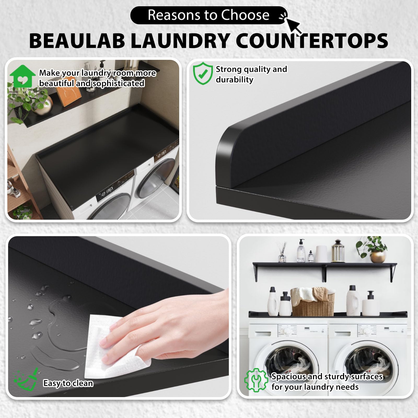 BeauLab Washer Dryer Countertop Laundry Countertop - 27.5"X 54" Melamine Laundry Room Countertop with Edge Rails, Easy to Install, Washer and Dryer Countertop, Laundry Room Organization-Black