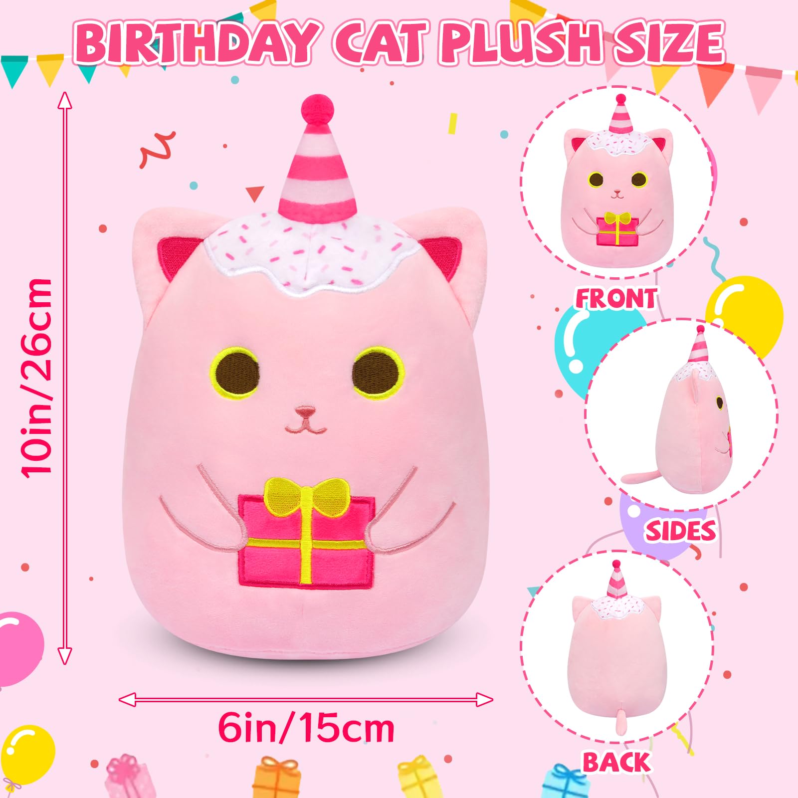 Leokawin Birthday Plush Pillow,Birthday Cat Stuffed Animal Toy,Cute Pinks Cat Stuffed Animal with Gifts, Happy Birthday Cat Plush Toy,Soft Cat Plushie Birthday Gifts for Kids Girl