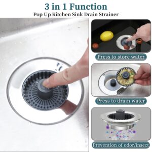 New Upgraded 3 in 1 Kitchen Sink Bounce Core Drain Strainer and Stopper, Sink Stopper with an Extra Sink Strainer Basket for US Standard 3-1/2 Inch Brass Electroplate Silver