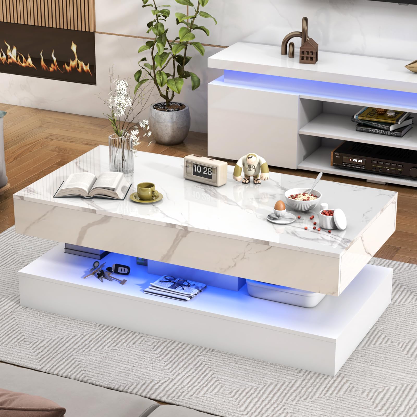 chartustriable 47inch Large High-Glossy LED Coffee Table with 2 Sliding Drawers, Living Room Storage Tables with Marbling Print, Modern Stylish Double-Layer Center Tables w/LED Lights, White