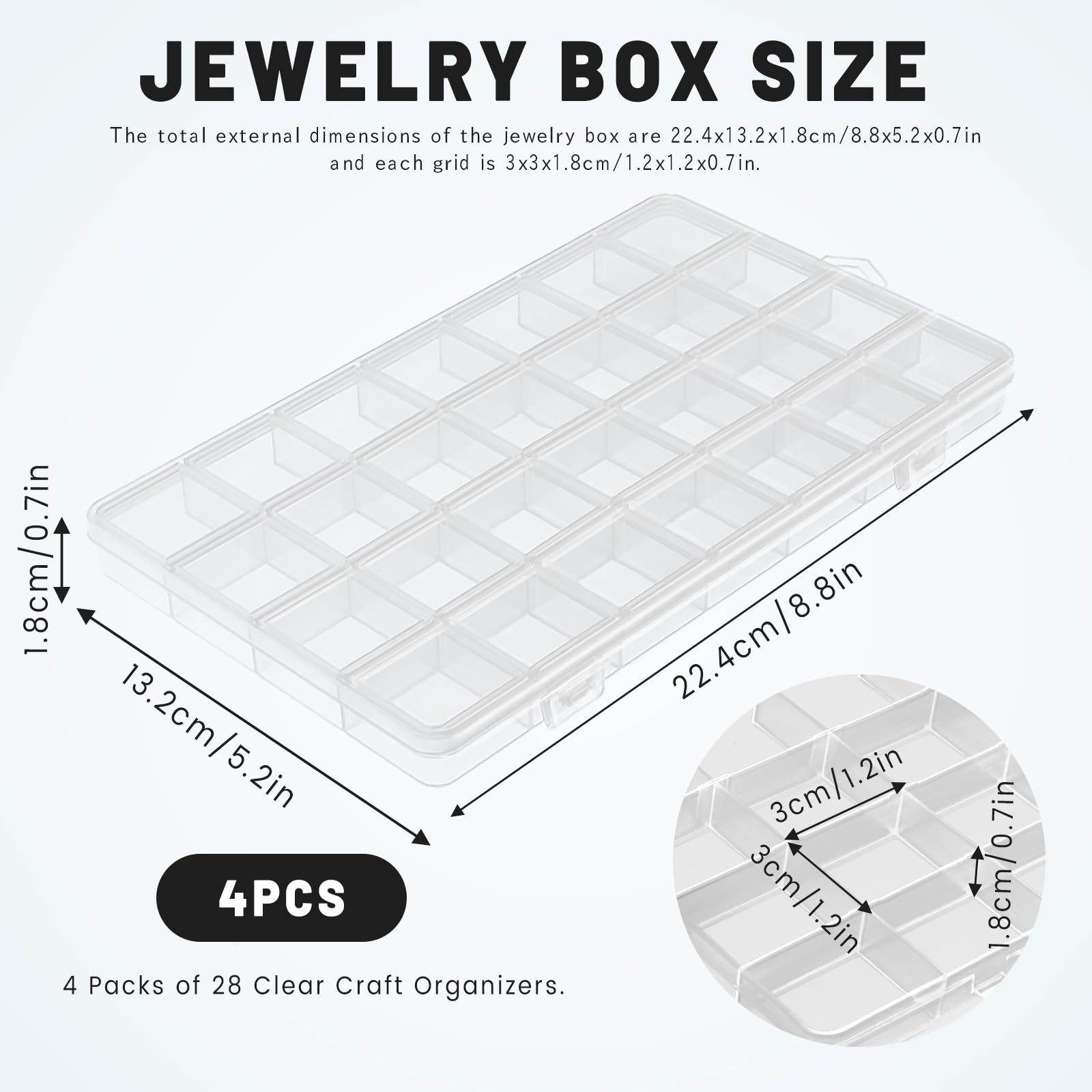 Realand 4Pcs 28 Grids Bead Organizer Box, Craft Organizers and Storage, Clear Bead Storage Containers with Fixed Dividers for Fishing Tackle Jewelry Screw Small Parts