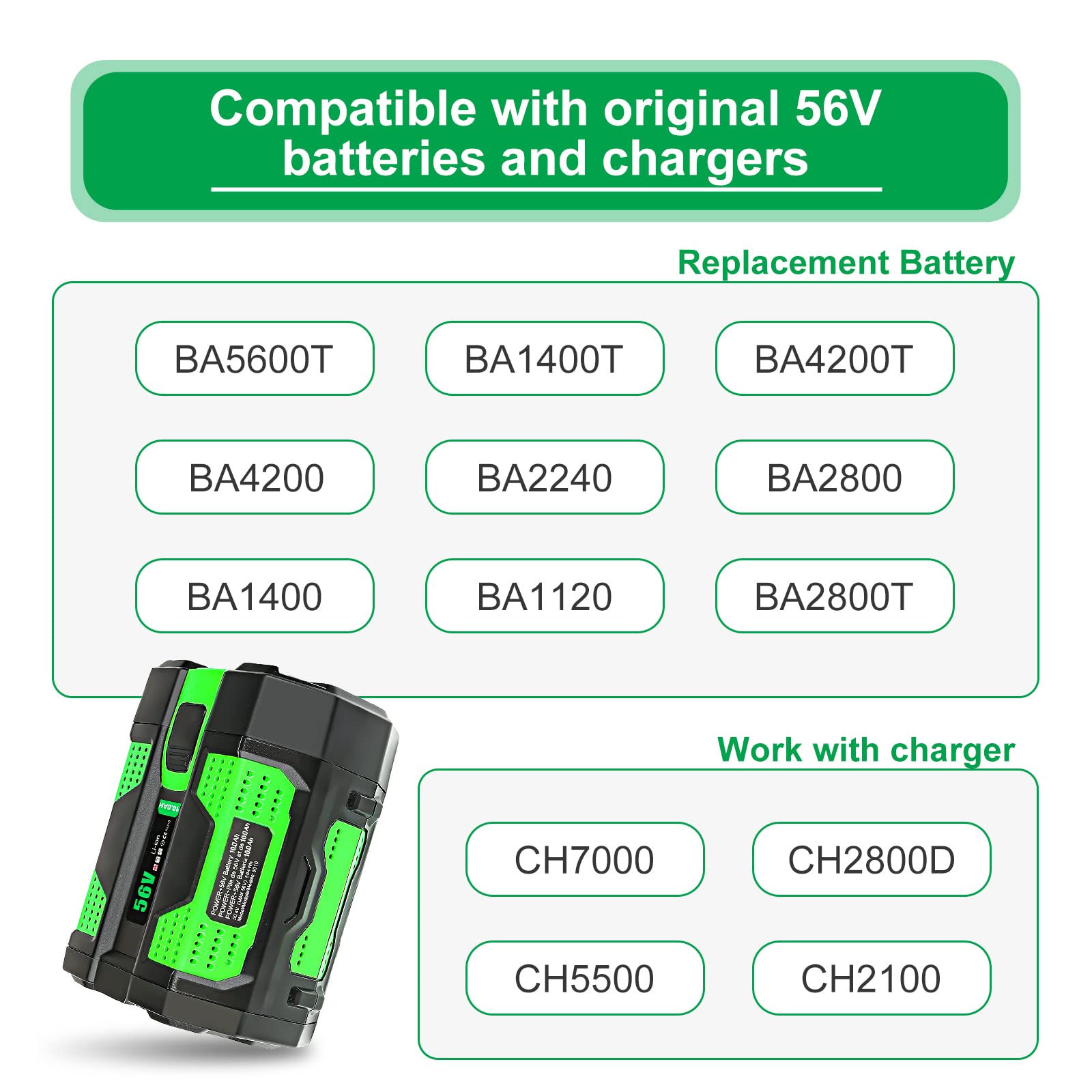 YongerTool 56V 10Ah High Power Rechargeable Lithium-Ion Battery for EGO 56V Cordless Power Equipment Replace BA5600T BA6720T