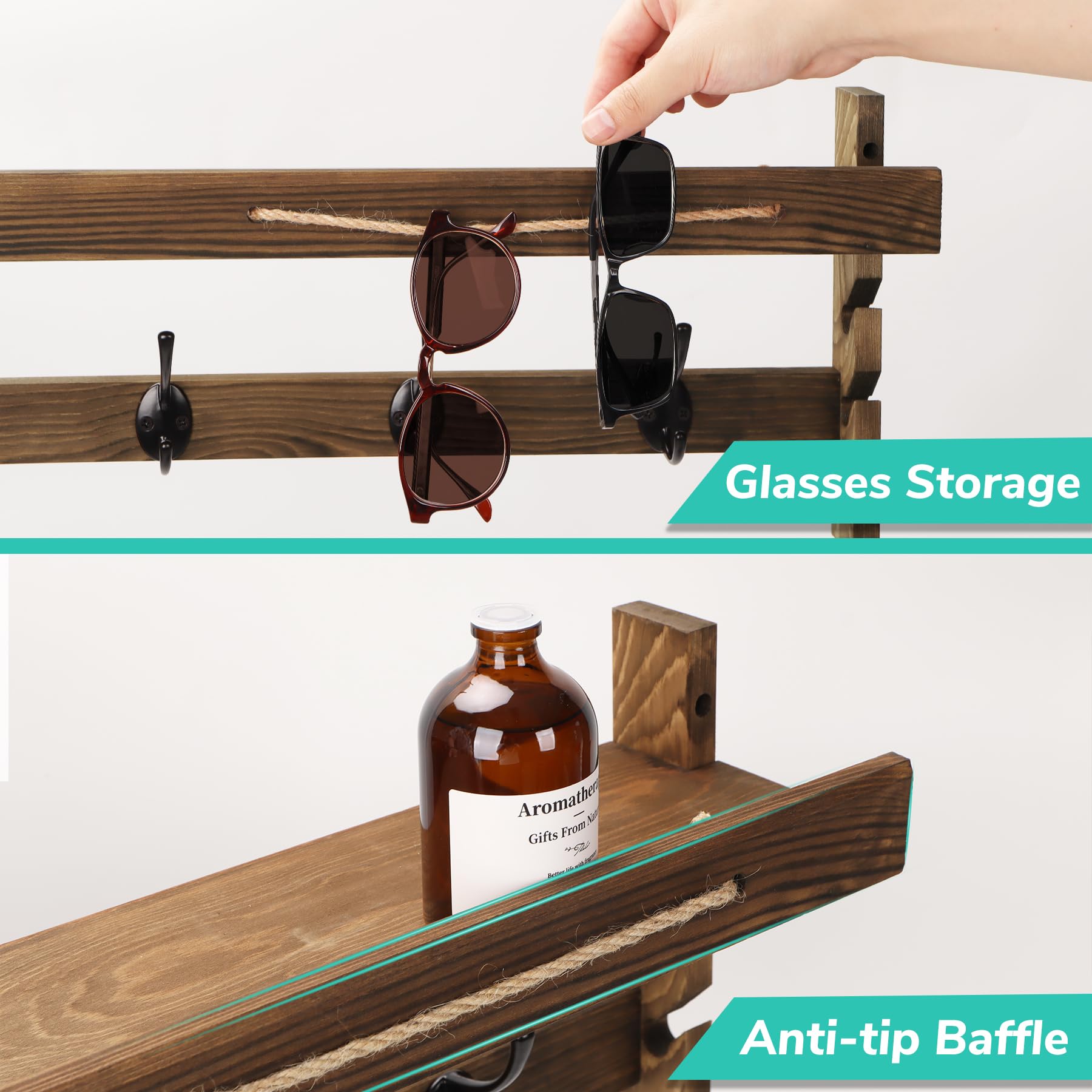 AMBIRD Wall Hooks with Shelf 28.9inch Entryway Wall Hanging Shelf Wood Coat Hooks for Wall with Shelf Coat Rack Wall Mount Rack with 5 Dual Hooks with Glasses Organizer and Hat Organizer