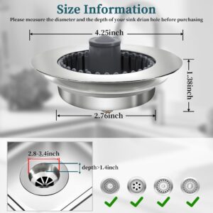 New Upgraded 3 in 1 Kitchen Sink Bounce Core Drain Strainer and Stopper, Sink Stopper with an Extra Sink Strainer Basket for US Standard 3-1/2 Inch Brass Electroplate Silver