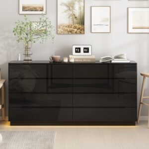 hitow bedroom dressers with 8 drawers, wooden wide dresser with light, modern black dresser for bedroom, double dresser chest of drawers, high gloss, led light, black, 63”w x 15.7”d x 30.9”h