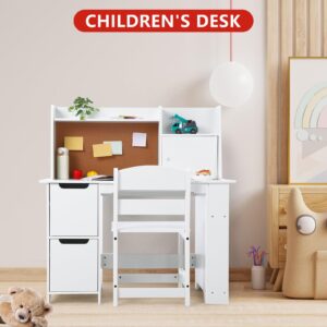 Kids Study Desk and Chair Set with Storage - White Learning Table with Bookshelf and Cabinets for Boys and Girls Ages 3-8