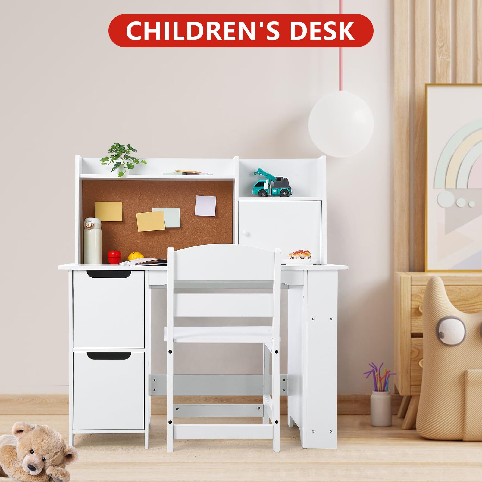 Kids Study Desk and Chair Set with Storage - White Learning Table with Bookshelf and Cabinets for Boys and Girls Ages 3-8