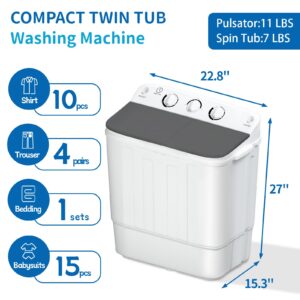 Portable Twin Tub 18lbs Washing Machine, Buy (washer) Get (Dry Rack+10 Hangers) Free! Mini Compact Laundry Lavadora Portatil, Twin Tub 11lbs Washer & 9lbs Spinner, Clothes Washing Machines