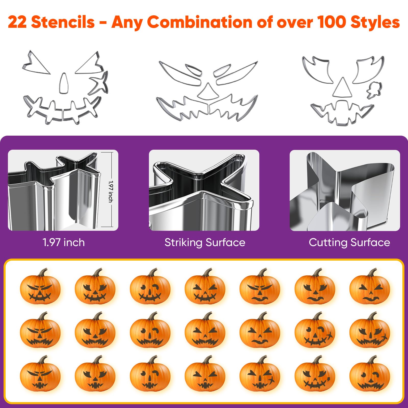 Halloween Pumpkin Carving Kit Tools: 30PCS Pumpkin Carving Tools Set includes 22 Stainless Steel Stencils, Hammer, Spoon, Carve Knife, Candles, Halloween Gifts DIY Pumpkin Decorating Kit Safe for Kids