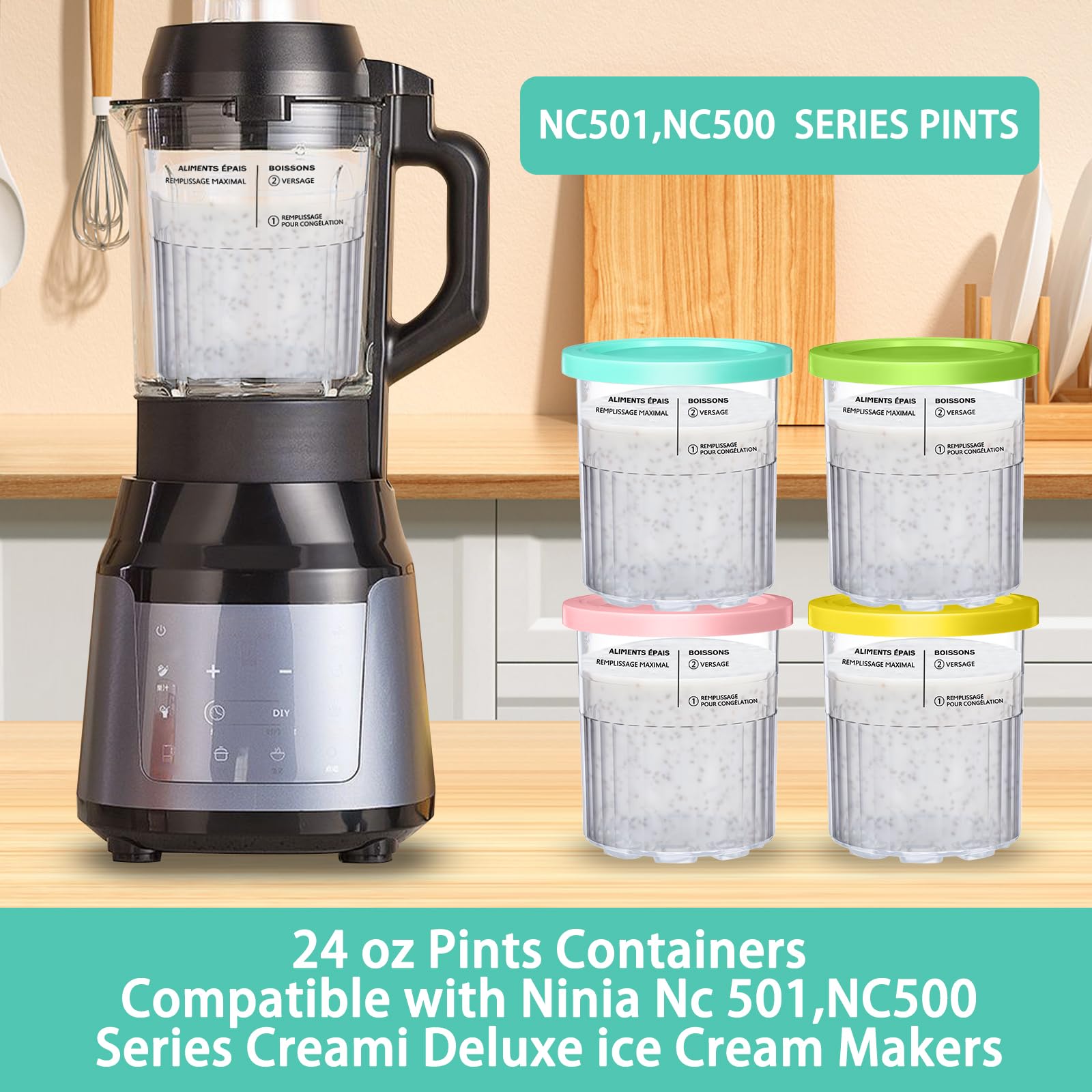 Replacement for Ninja Creami Deluxe Pints and Lids 4 Pack,Compatible with Ninja Creami 11-in-1 NC501 NC500 Series Deluxe Ice Cream Maker,24oz Deluxe XL Cups