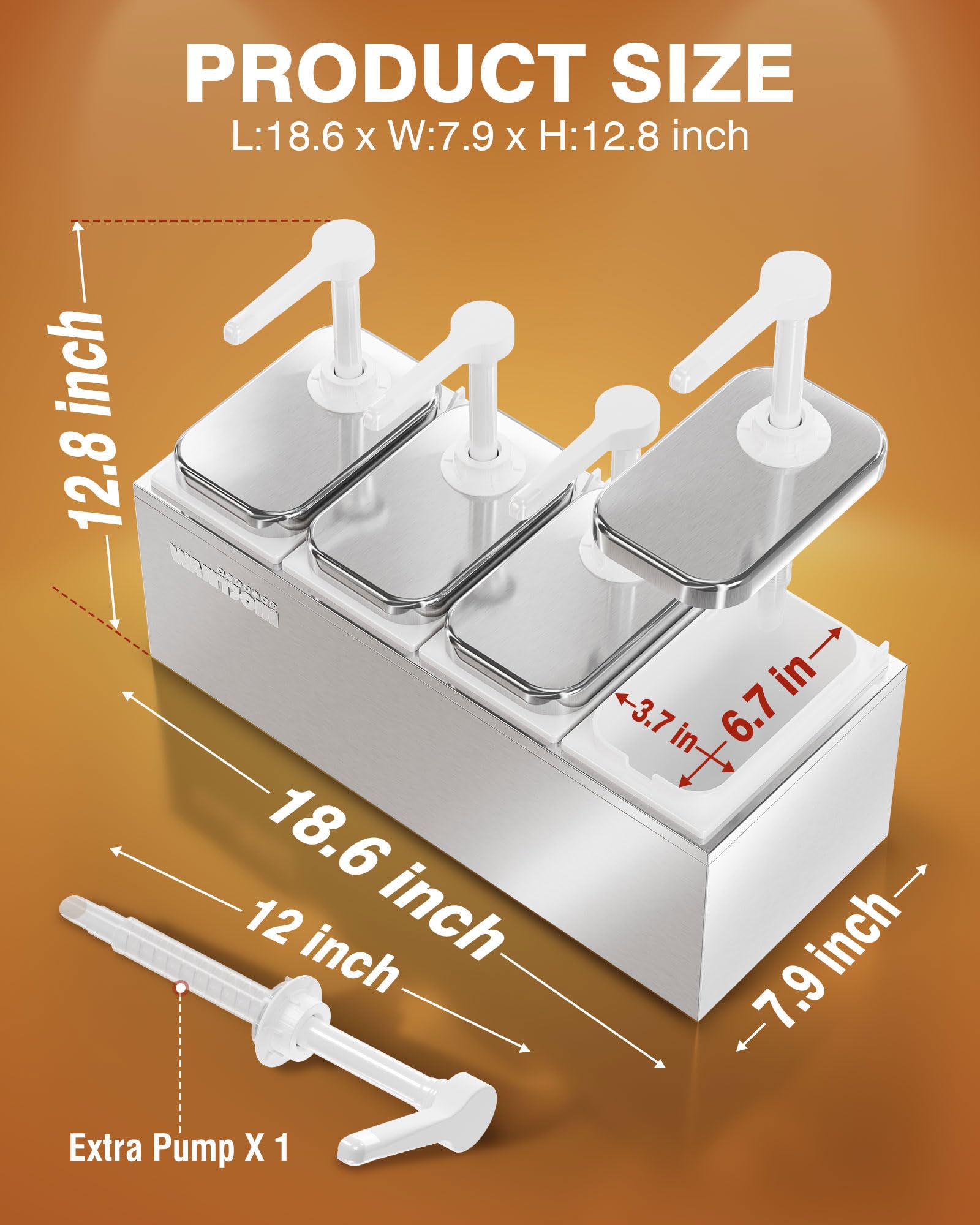 WantJoin Sauce Dispenser with 4 of 2.75 Quart/2.6 L Jars Stainless Steel Condiment Pump Station Commercial Ketchup Dispenser Pump Sauce Containers for Restaurant Salad Dressing Syrup Jam Salsa Sauce