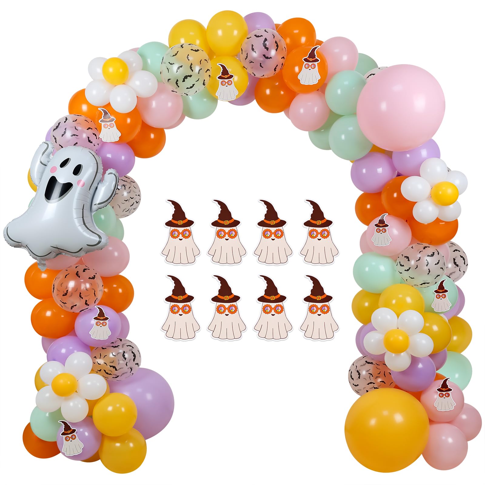 Groovy Halloween Decorations, Groovy Halloween Balloon Arch with Cute Halloween Ghost-shaped Card for Halloween Theme Groovy Party Decorations Halloween Baby Shower Birthday Party Supplies