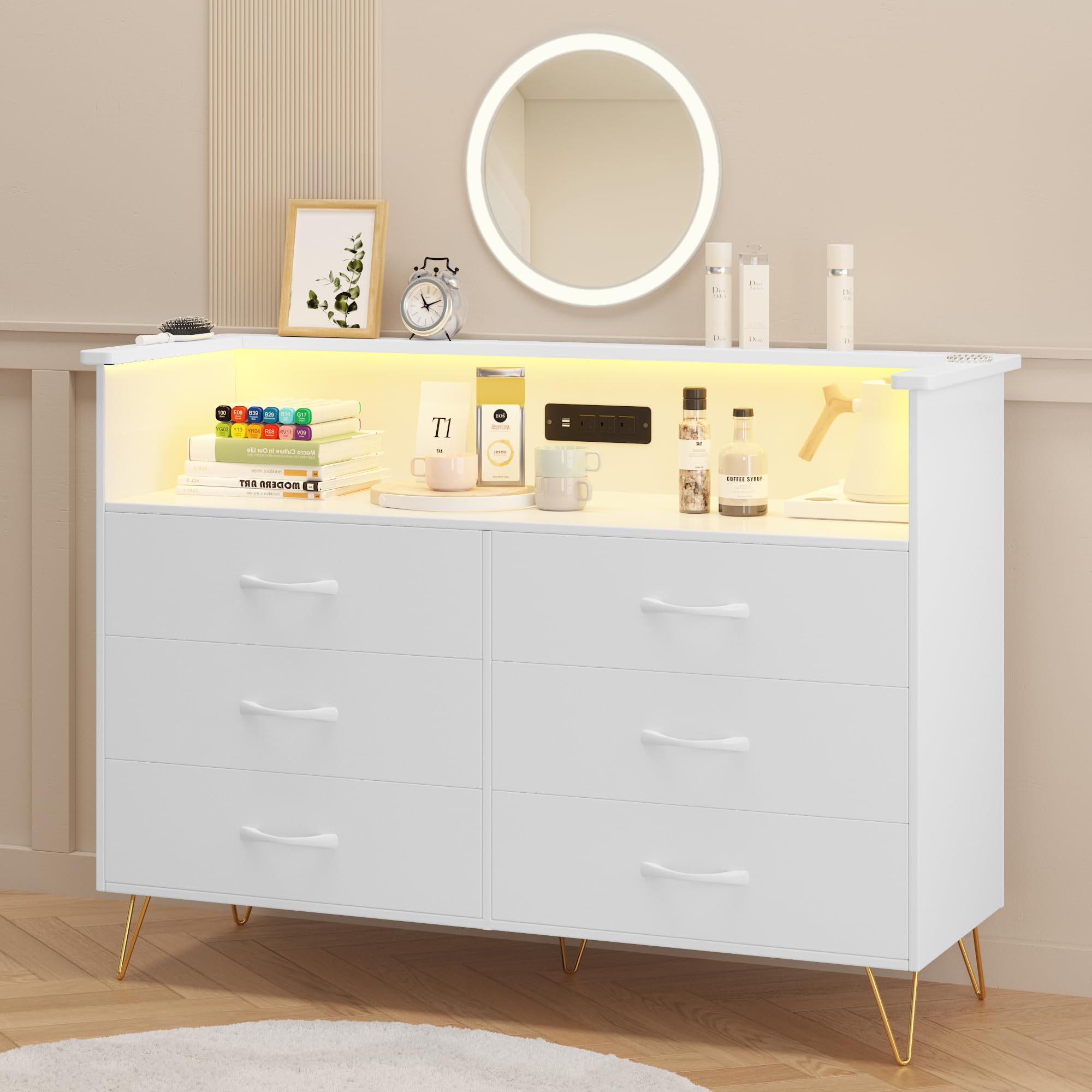 Patikuin White Dresser for Bedroom with LED Light & Charging Station, 6 Drawers Wooden Dressers with Open Space, Modern Chest of Double Wide Drawers for Living Room, Entryway, Hallway TV Stand